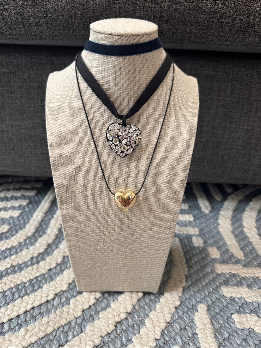 Y2K Heart Necklace Bundle Blue Velvet Choker Rhinestone Heart Gold Heart